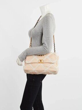 Chanel Beige Calfskin Leather Crochet Tweed Small Chanel 19 Bag
